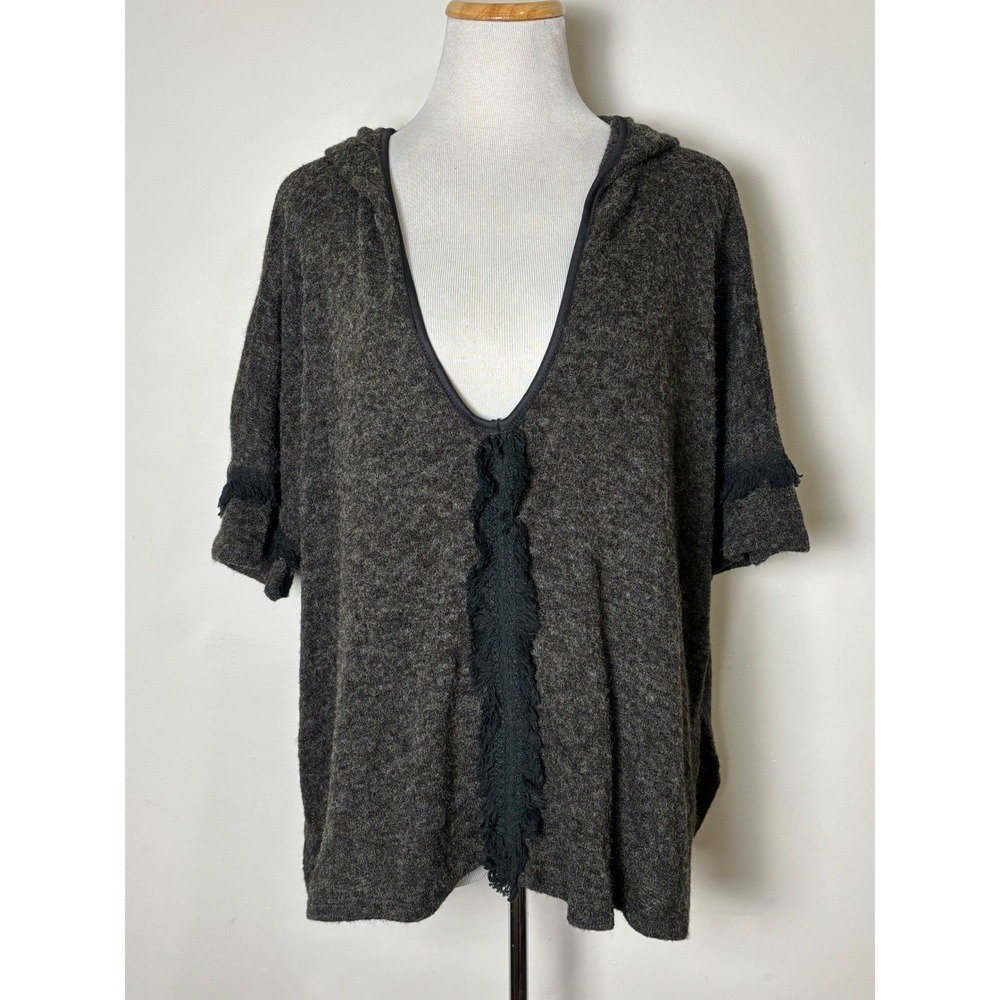 LILA Womens Angora Blend Hoodie Pullover Poncho M Oversized Boho Fringe Layering